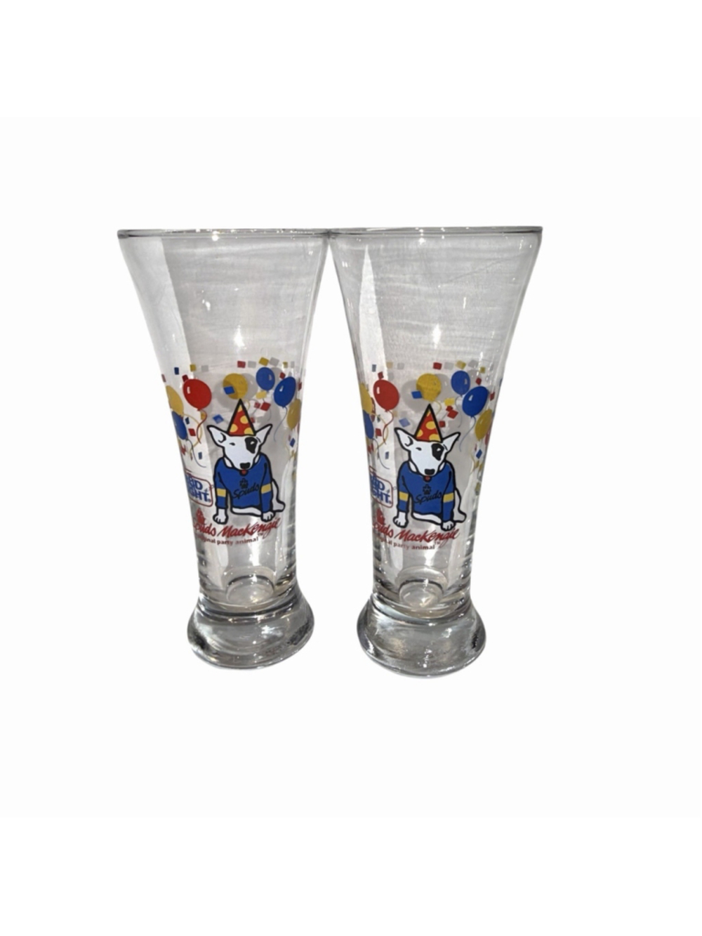 Bud Light Spuds Mackenzie 1987 Vintage Pilsner Beer Glasses Set of 2 Barware